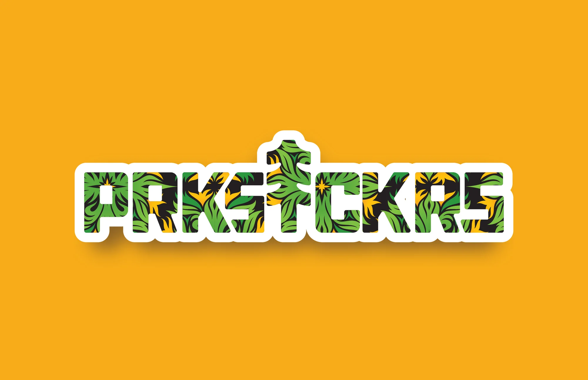 PRKSTCKRS wordmark with a pine tree built into the lettering, on yellow