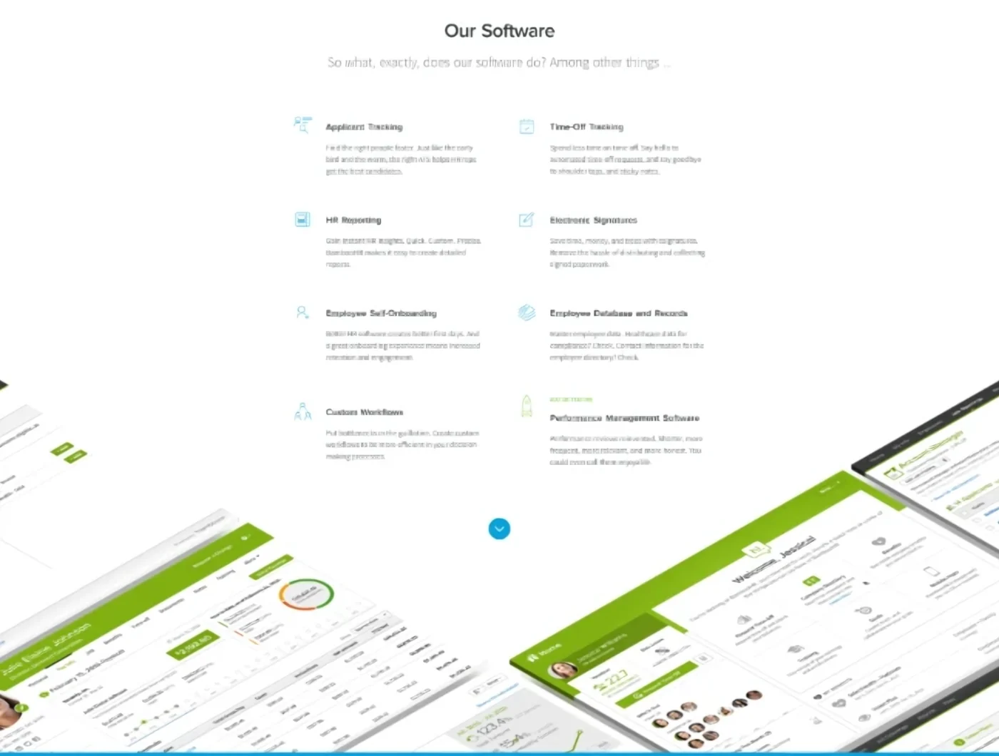 Old BambooHR.com feature grid of eight small items above a tilted screenshot collage