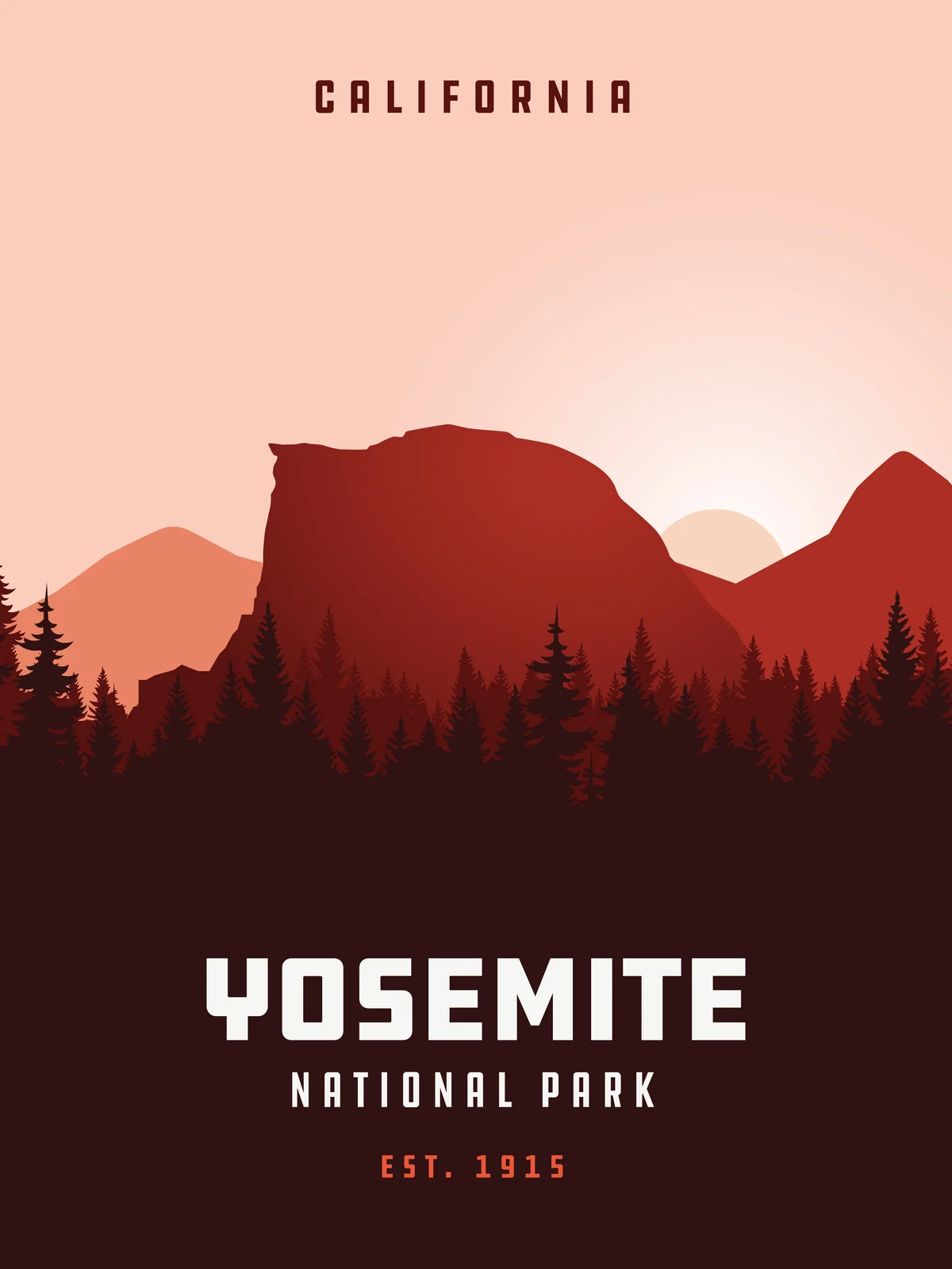 Yosemite National Park poster, California: Half Dome over pine forest