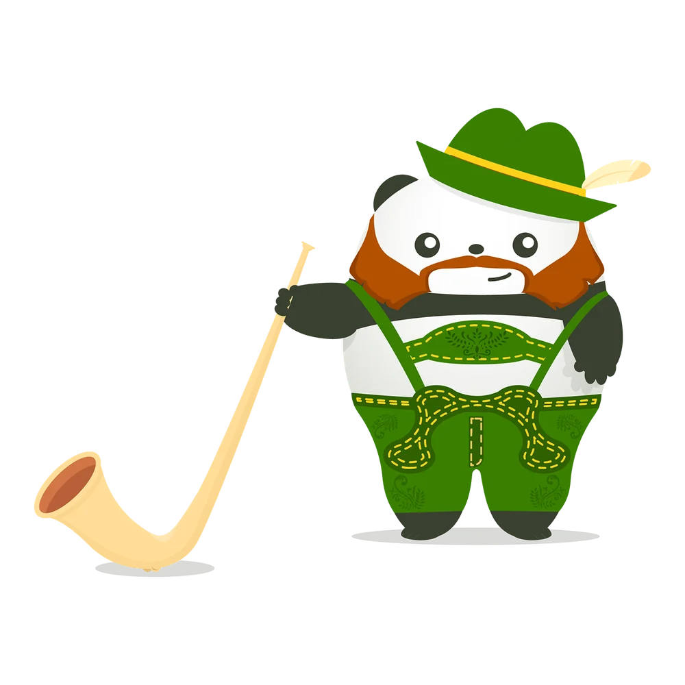 Pudgy the Panda, bearded, in lederhosen and a feathered hat, holding an alphorn