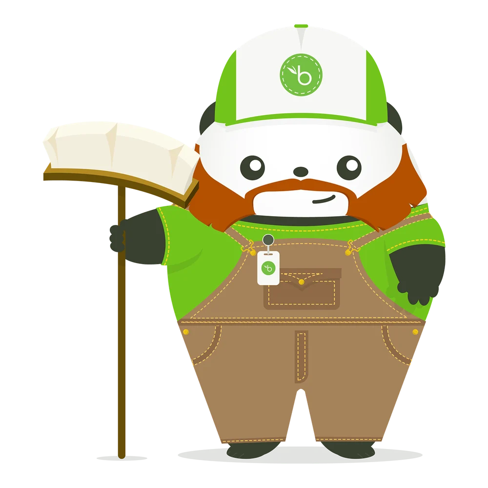 Pudgy the Panda in overalls and a BambooHR cap, holding a squeegee