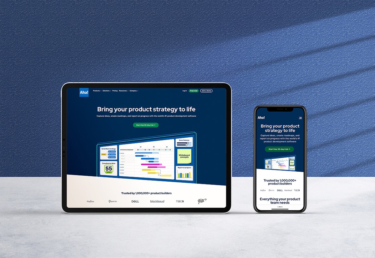 Aha! homepage on tablet and mobile
