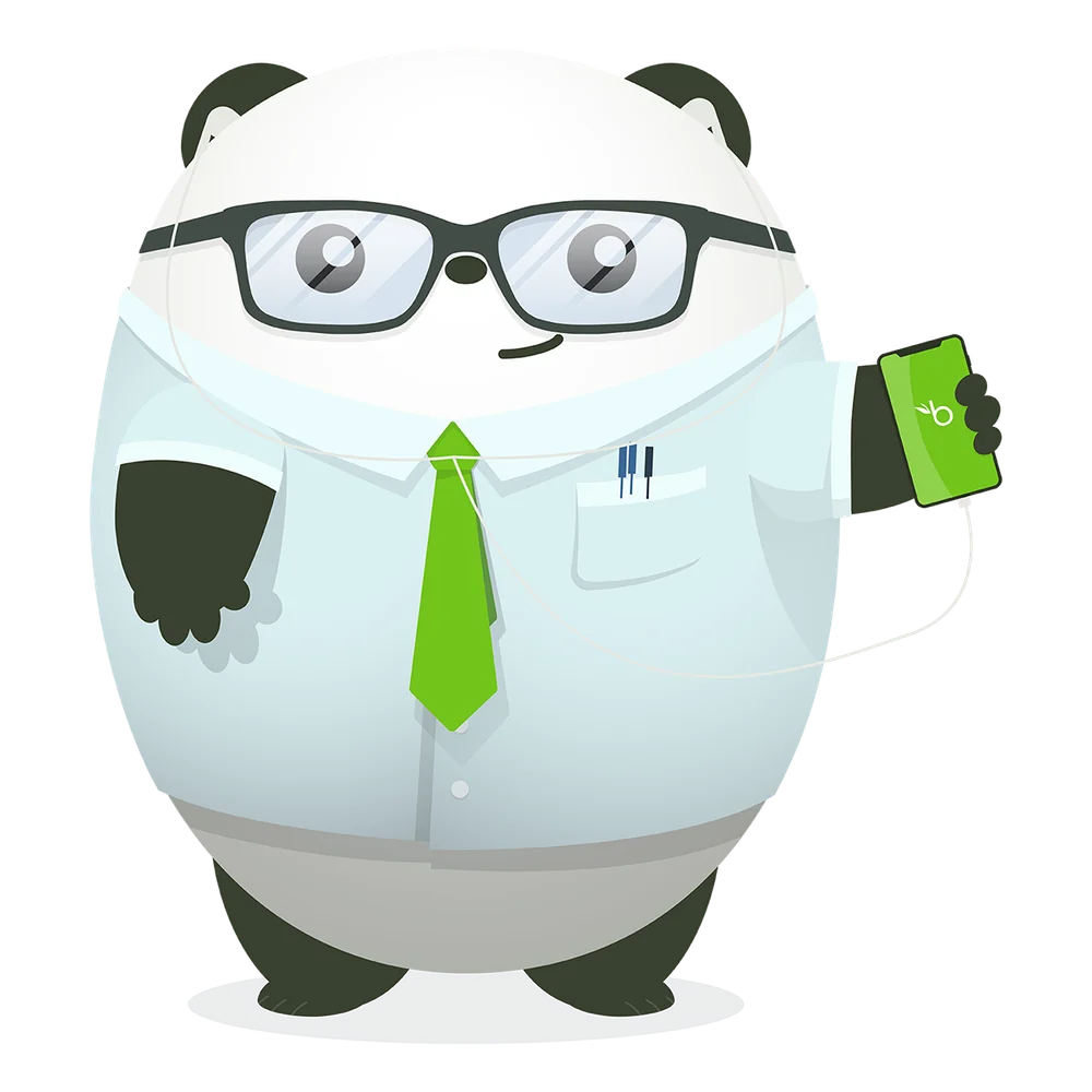 Pudgy the Panda in glasses, shirt and tie holding a phone with the BambooHR app