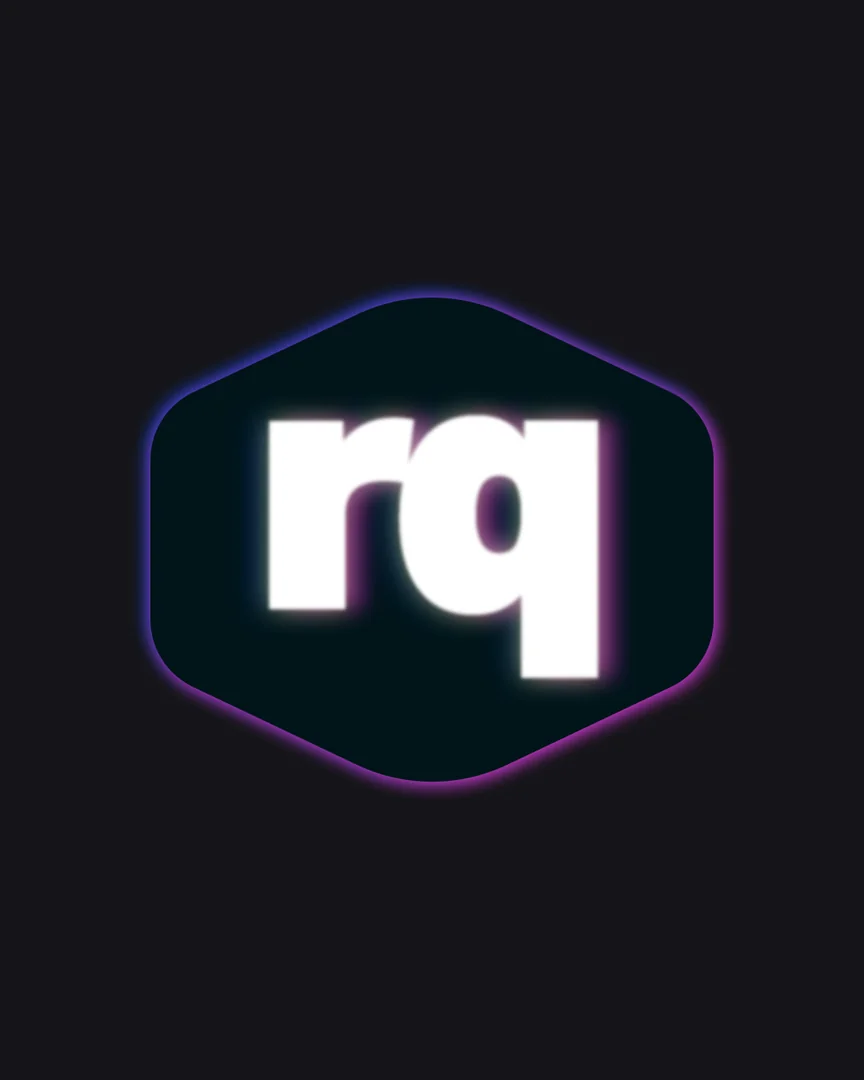 reqless rq monogram in a glowing hexagon