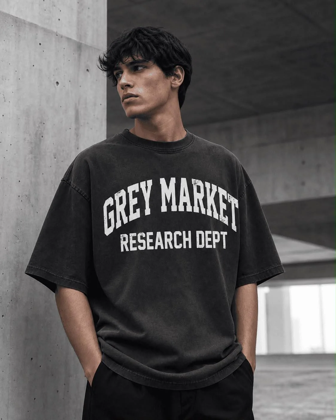 Model in the Grey Market Research Dept tee