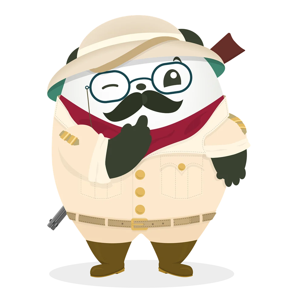 Pudgy the Panda as a winking explorer with a monocle and mustache