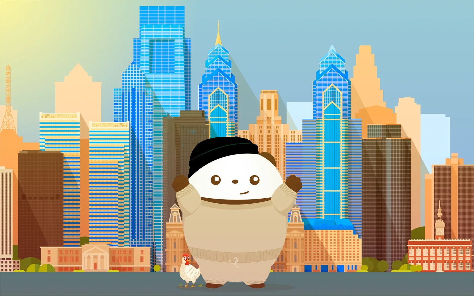 Pudgy the Panda in a beanie and sweats, arms raised in front of the Philadelphia skyline, with a chicken