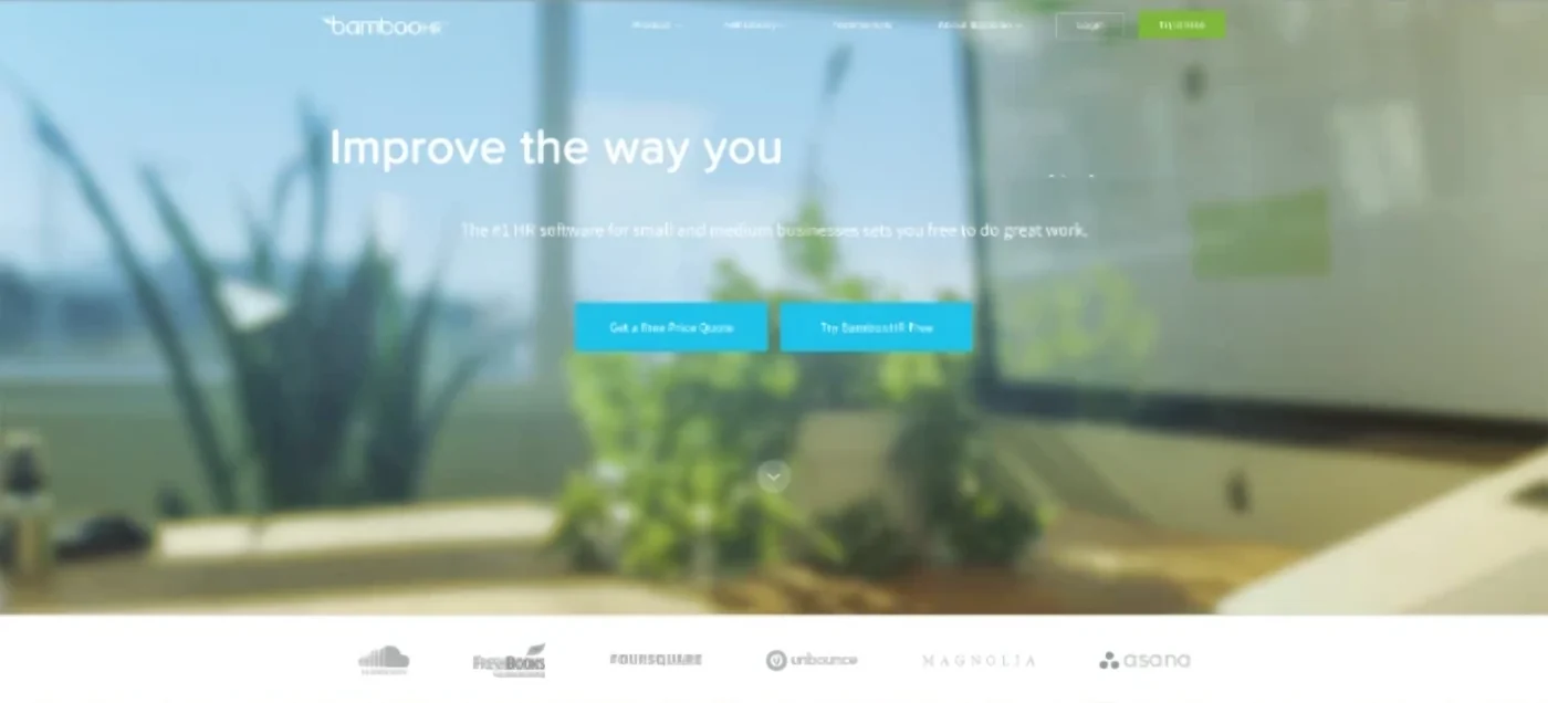 Old BambooHR.com homepage hero: blurred office photo, thin white headline, two cyan buttons