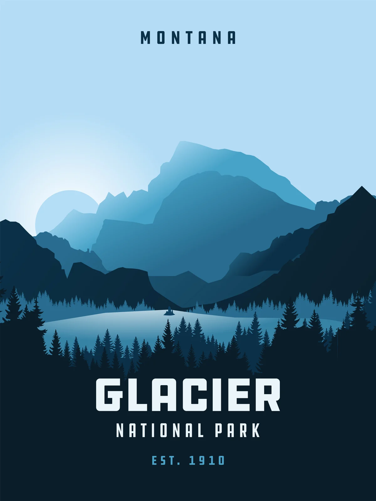 Glacier National Park poster, Montana: blue mountains above a lake
