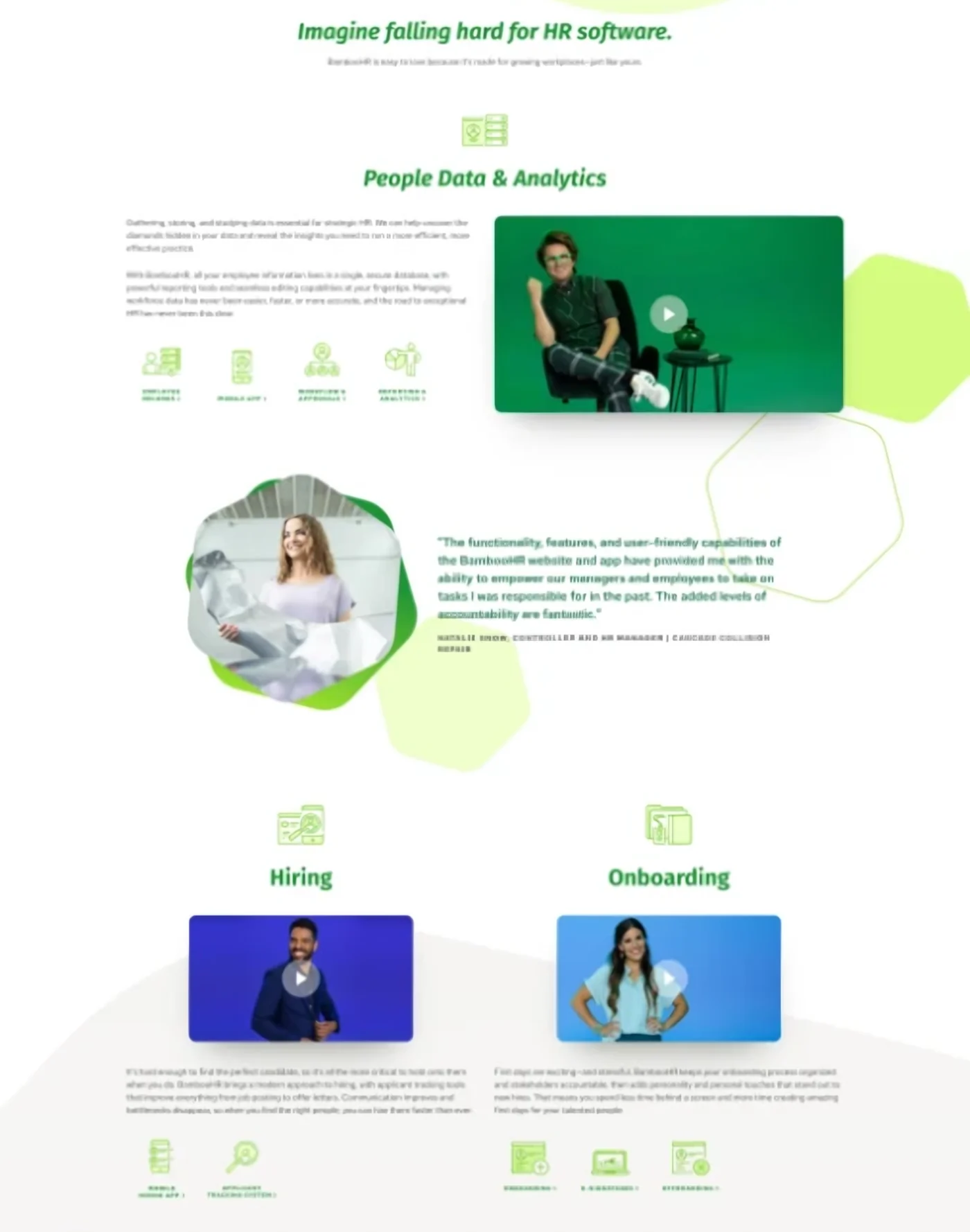 Redesigned BambooHR.com product pillars with icons, headlines, videos and a customer quote
