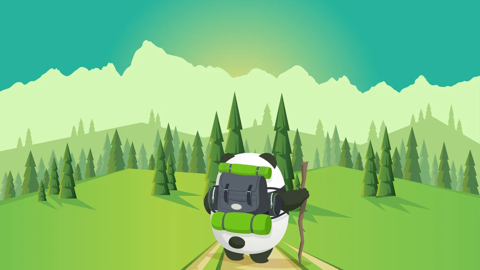 Pudgy the Panda with a backpack and walking stick heading up a forest trail toward the mountains