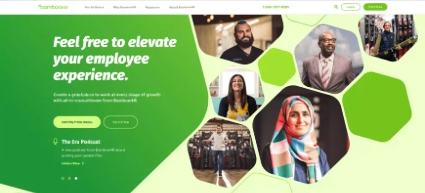 Redesigned BambooHR.com homepage hero: bold headline on green, lime demo button, customer photos in hexagons