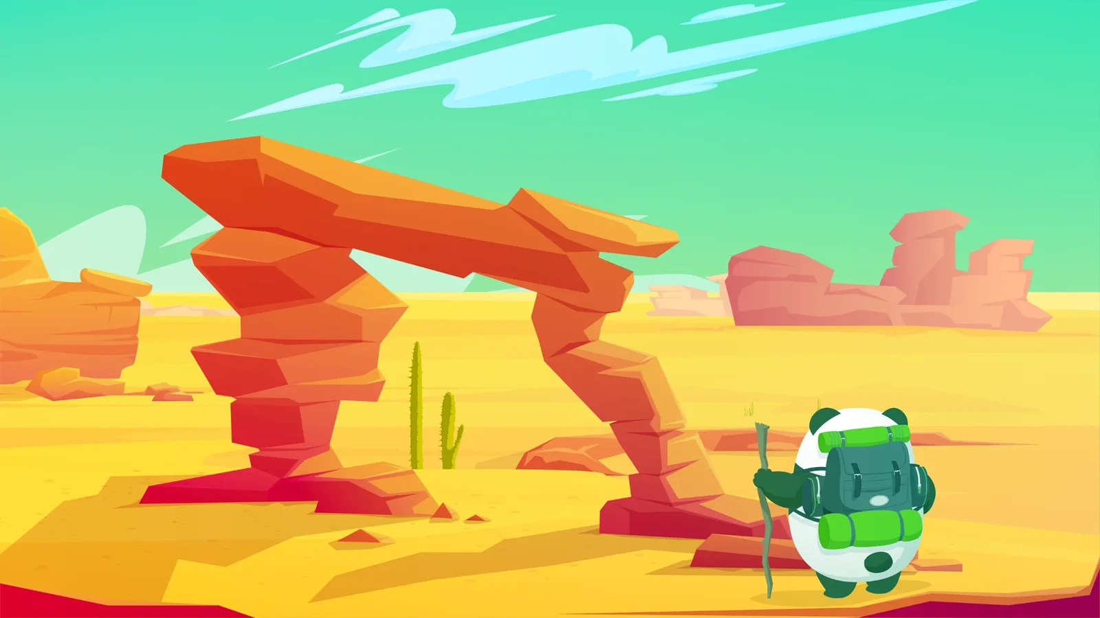 Pudgy the Panda, backpacking, looking up at a red rock arch in the desert