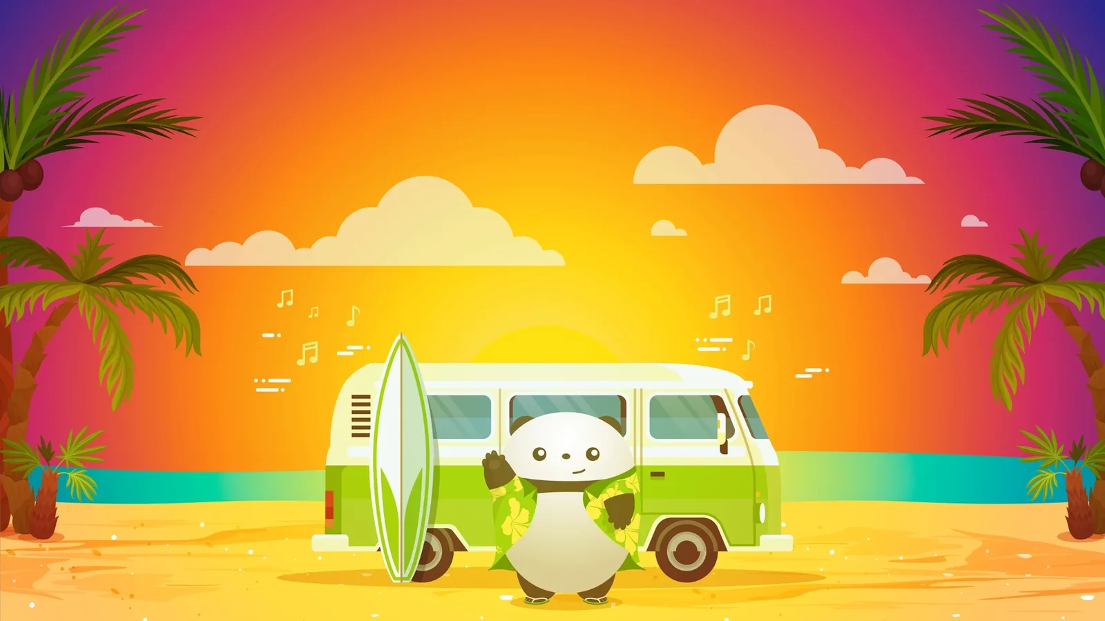 Pudgy the Panda in a Hawaiian shirt waving beside a green camper van and surfboard on a sunset beach