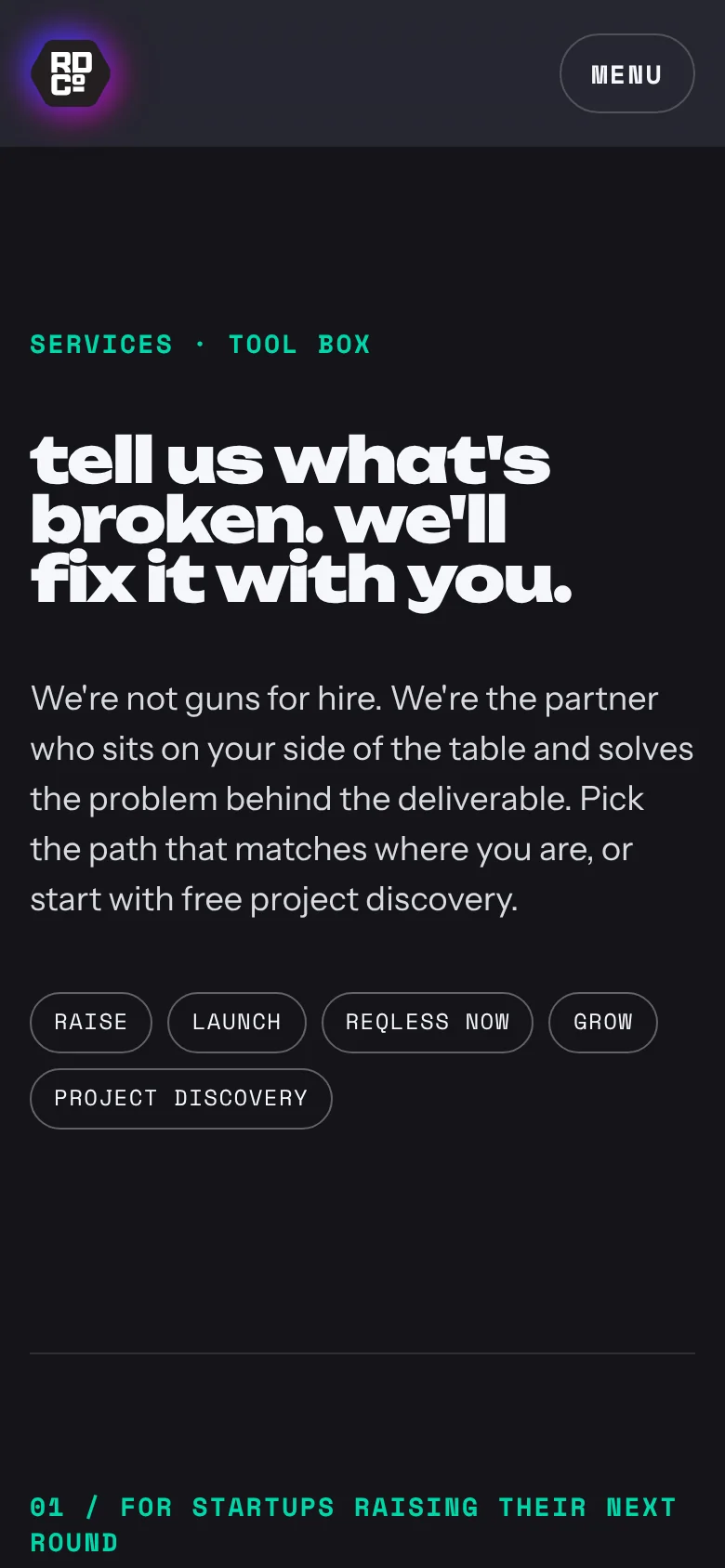 reqless.design services page on a phone: tell us what's broken, we'll fix it with you