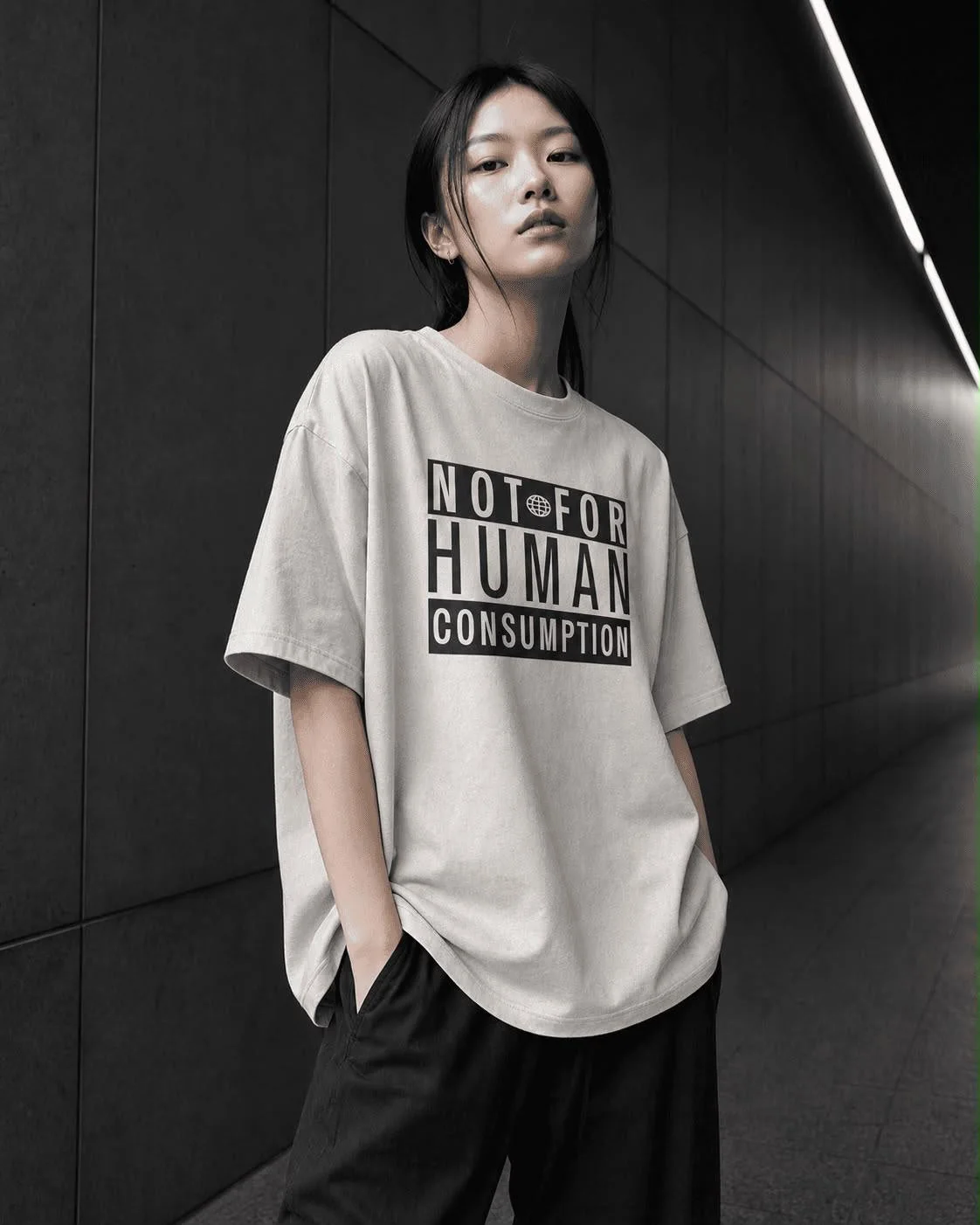 Model in the Not for Human Consumption tee