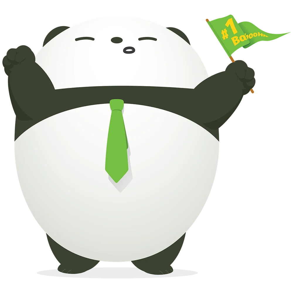 Pudgy the Panda in a green tie cheering with a #1 BambooHR pennant