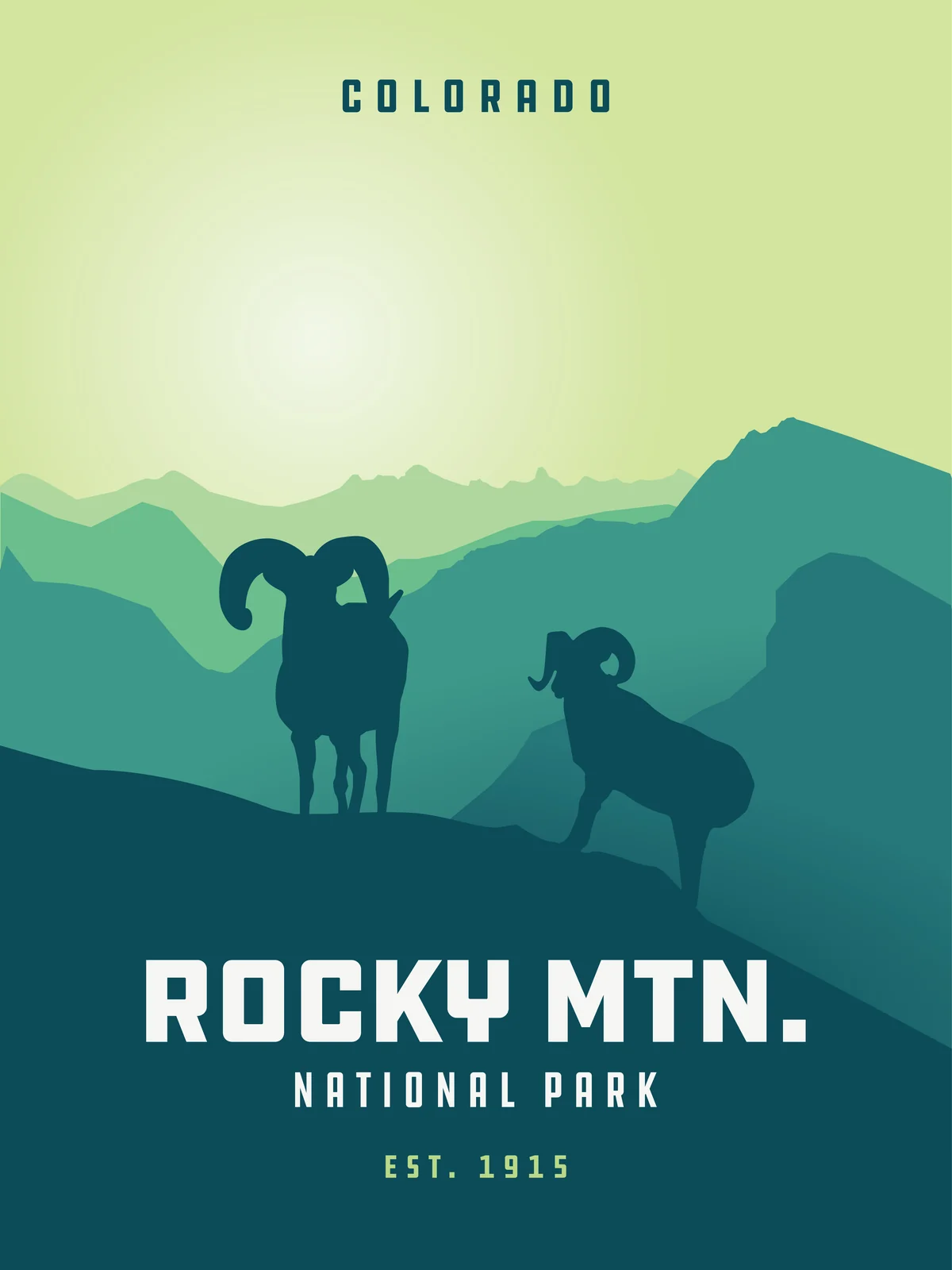 Rocky Mountain National Park poster, Colorado: bighorn sheep on green ridges