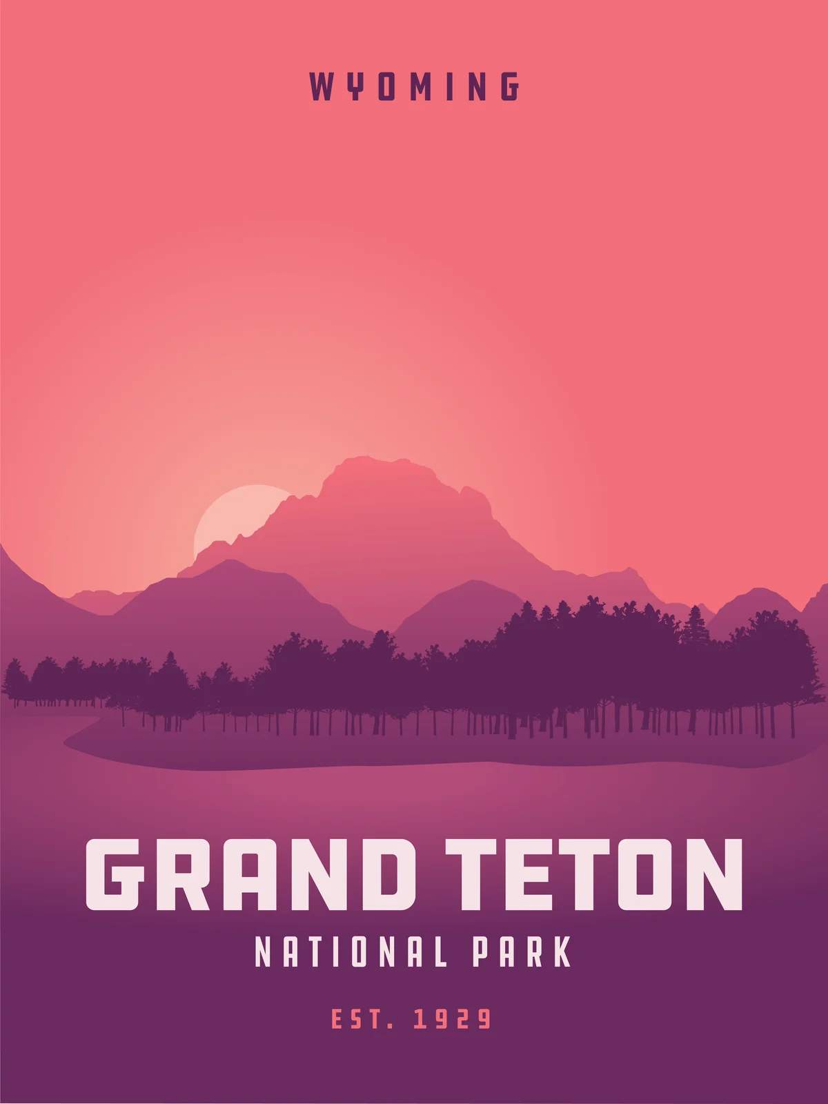 Grand Teton National Park poster, Wyoming: pink peaks over a lake