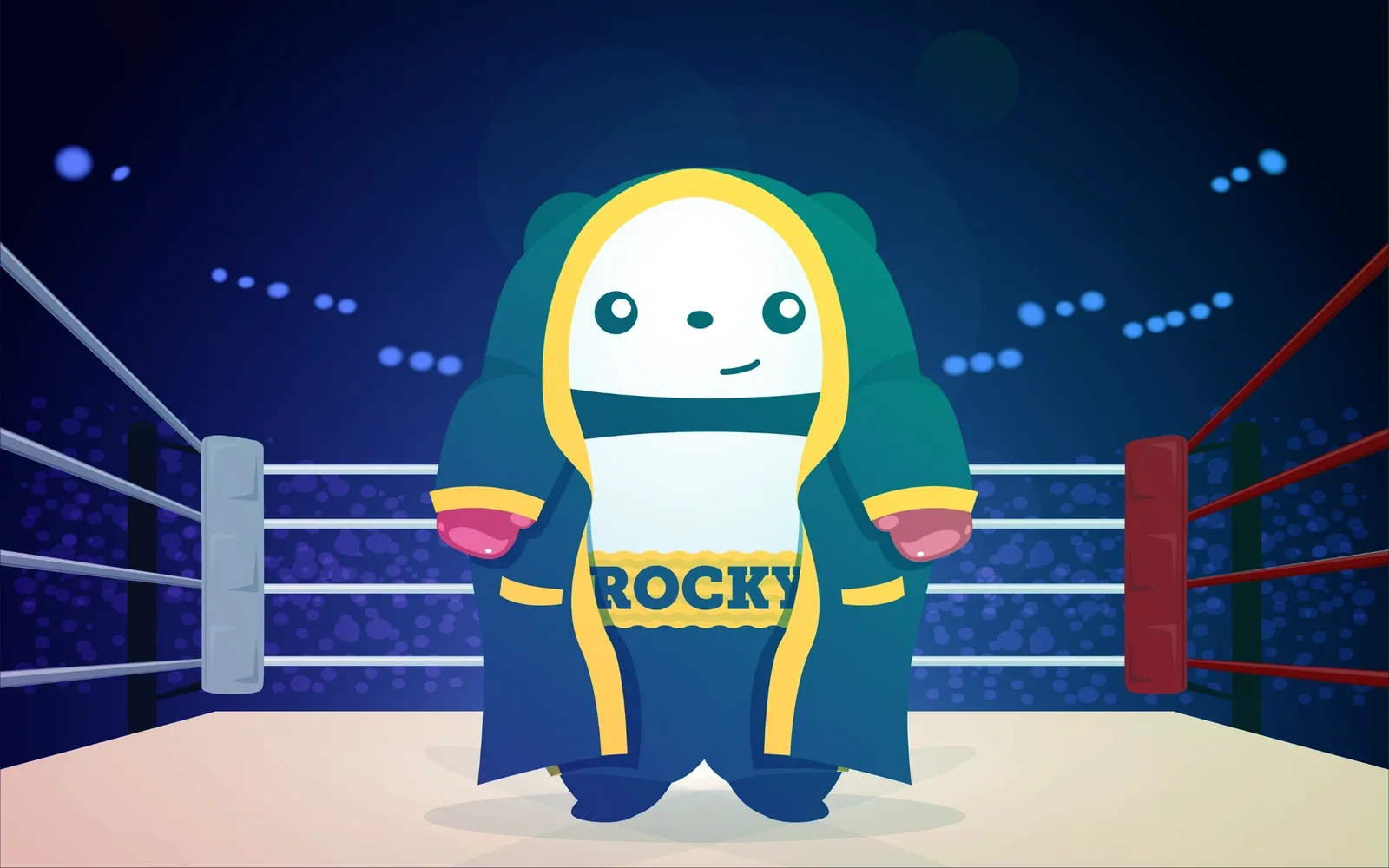 Pudgy the Panda in a Rocky boxing robe standing in a boxing ring