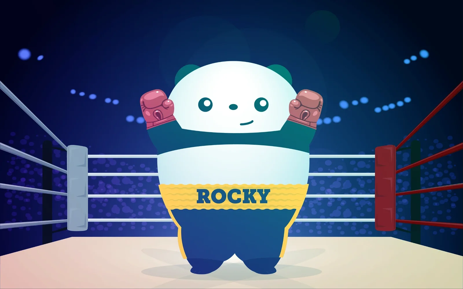Pudgy the Panda in Rocky boxing shorts with gloves raised in victory in the ring