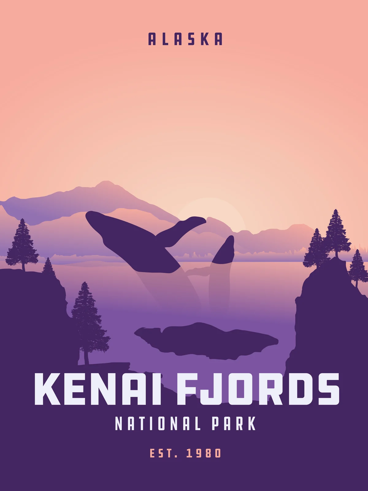 Kenai Fjords National Park poster, Alaska: breaching whale in a purple fjord