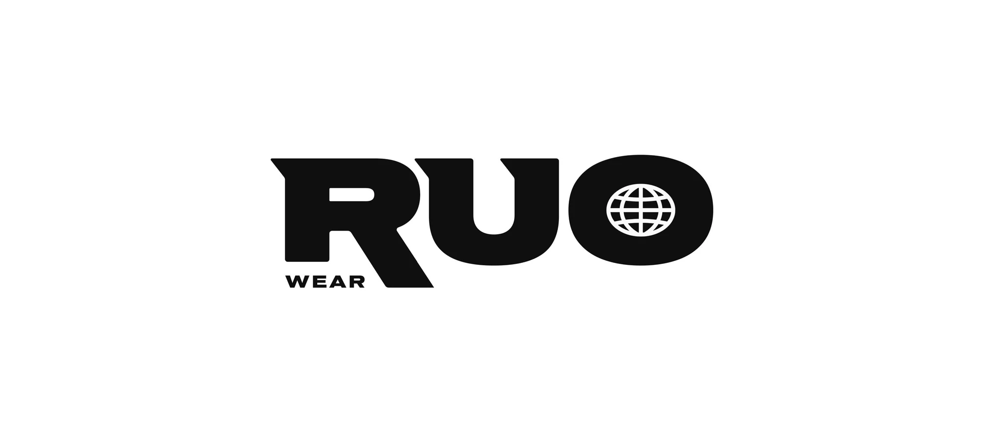RUO Wear logo: heavy black RUO wordmark with a globe inside the O and WEAR under the R