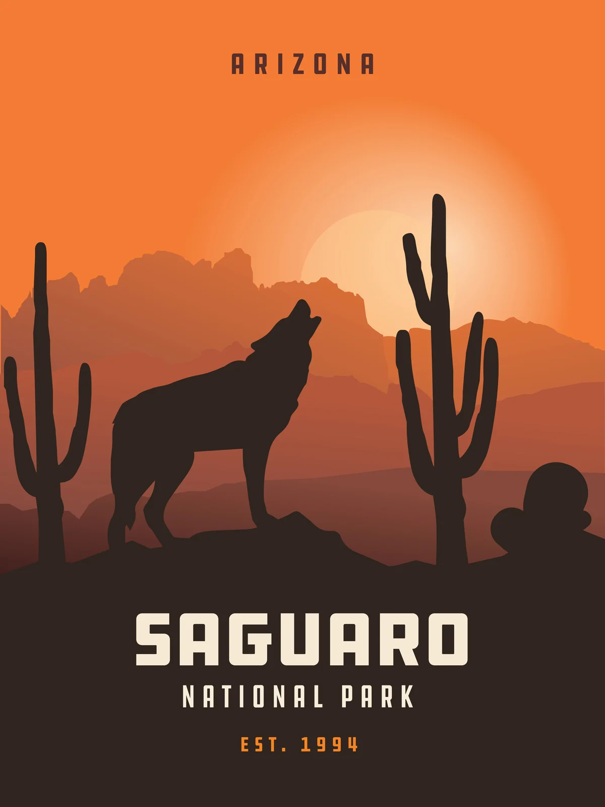 Saguaro National Park poster, Arizona: howling coyote between saguaro cacti
