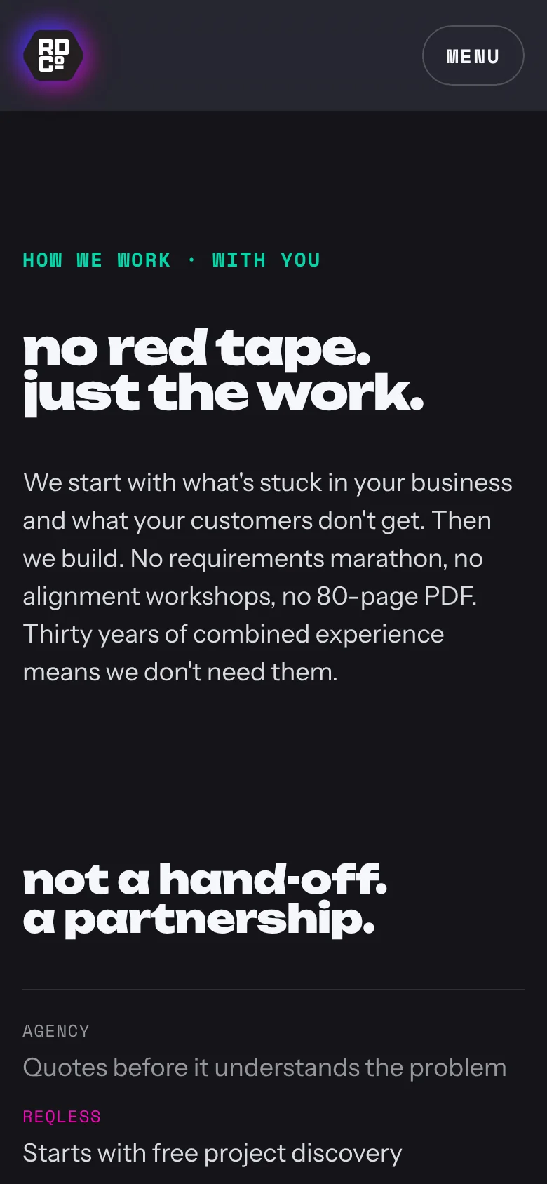 reqless.design how we work page on a phone: no red tape, just the work