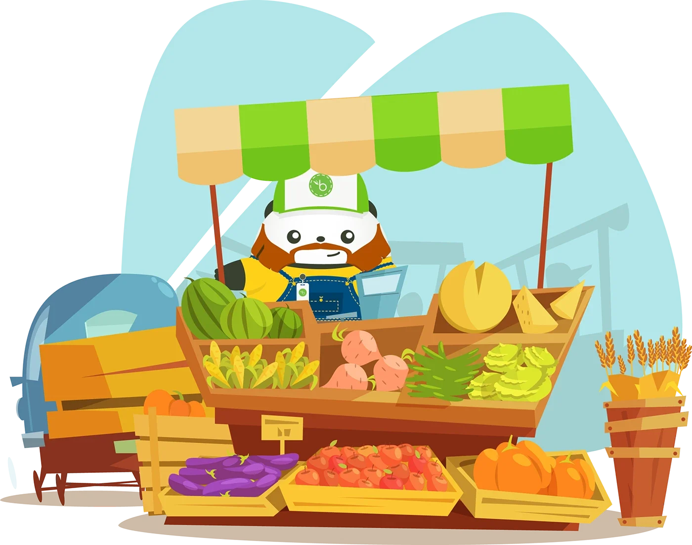 Pudgy the Panda running a farmers market stand