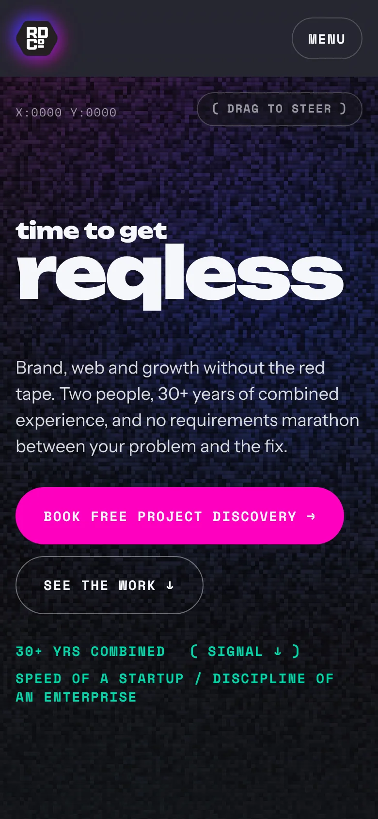 reqless.design home page on a phone
