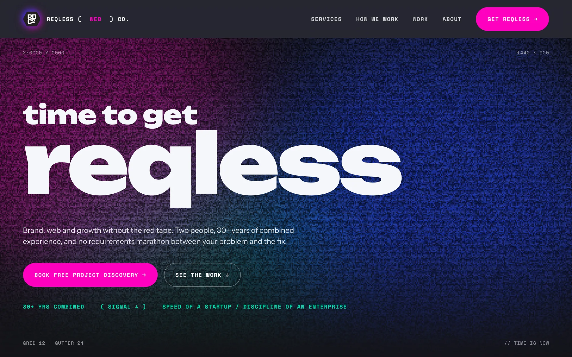 reqless.design home page hero: 'time to get reqless' over a neon purple and blue glow