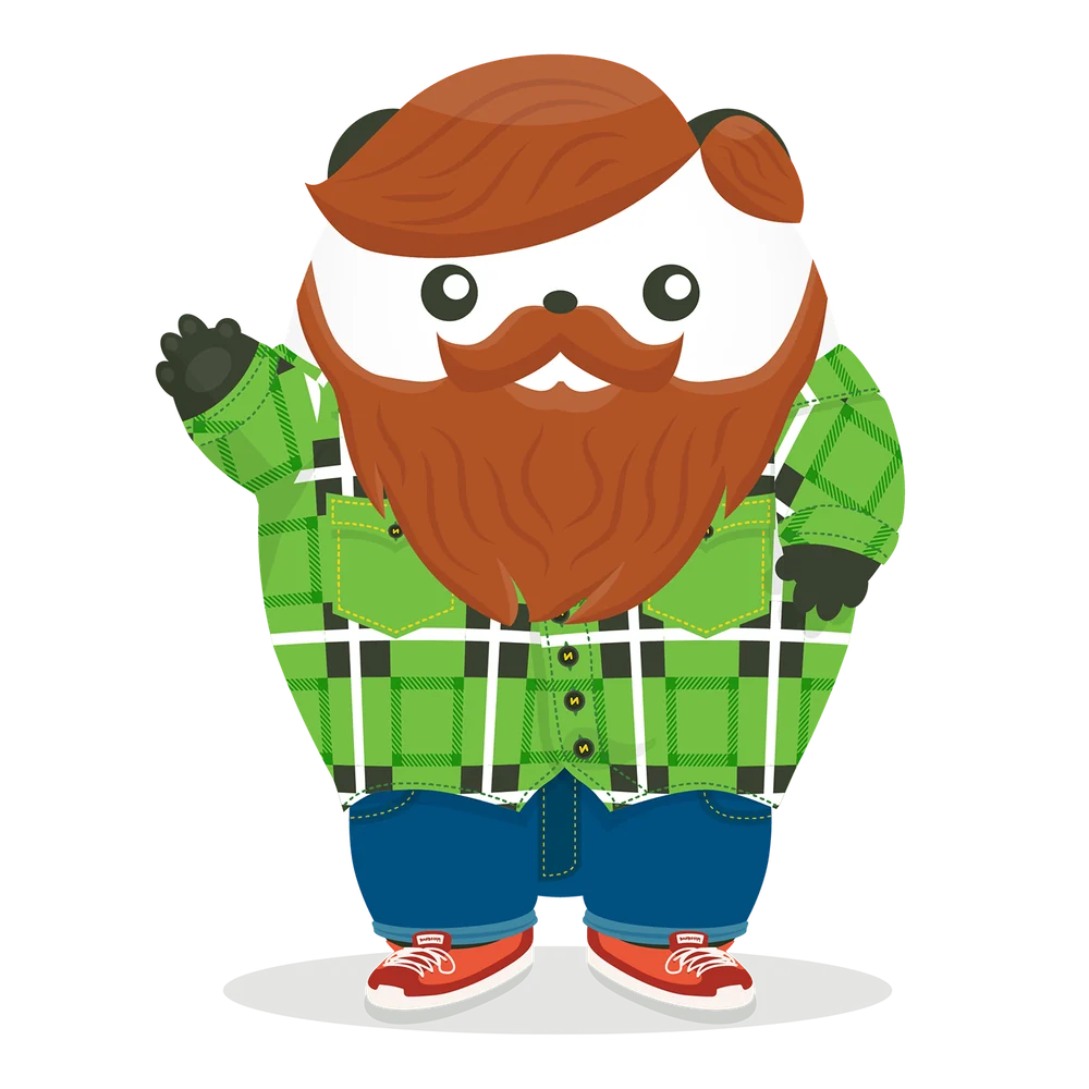 Pudgy the Panda, bearded, in a green flannel shirt, waving
