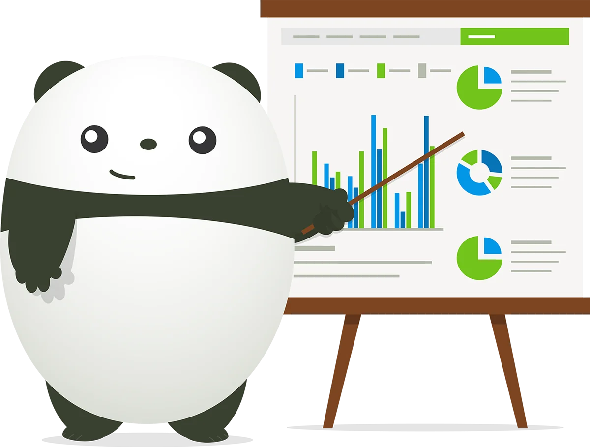 Pudgy the Panda presenting a chart on an easel with a pointer