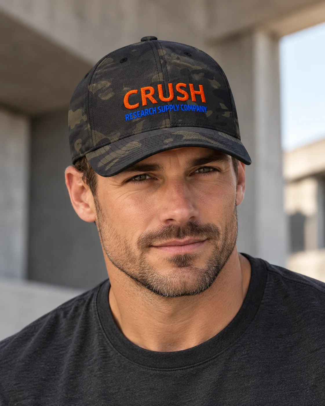 Model wearing the CRUSH Research Supply Company Flexfit cap in Multicam Black