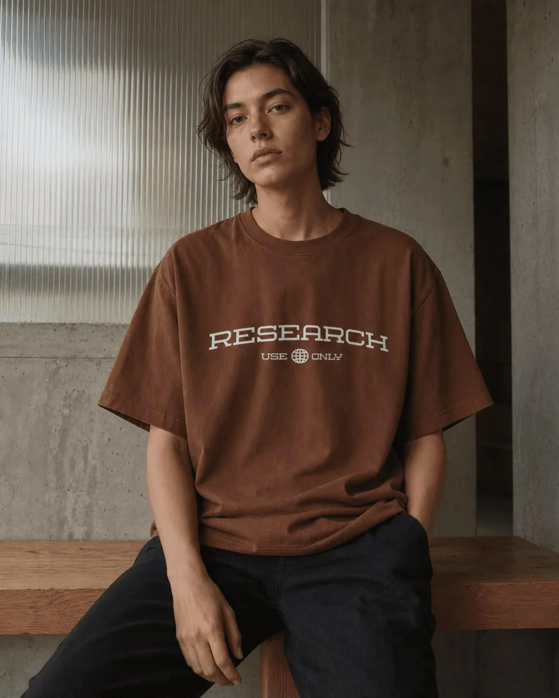 Model in the brown Research Use Only tee