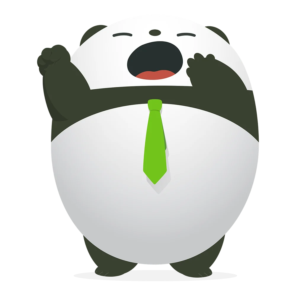 Pudgy the Panda in a green tie mid-yawn, stretching