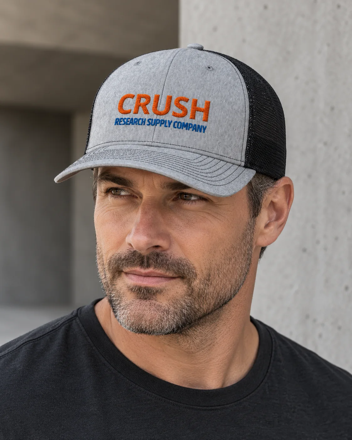 Model wearing the CRUSH Research Supply Company trucker cap
